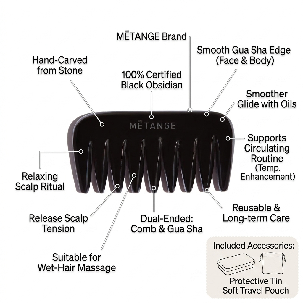 Black Métange Gua Sha hair massager shown on a white background with multiple callout labels pointing to features and included accessories.