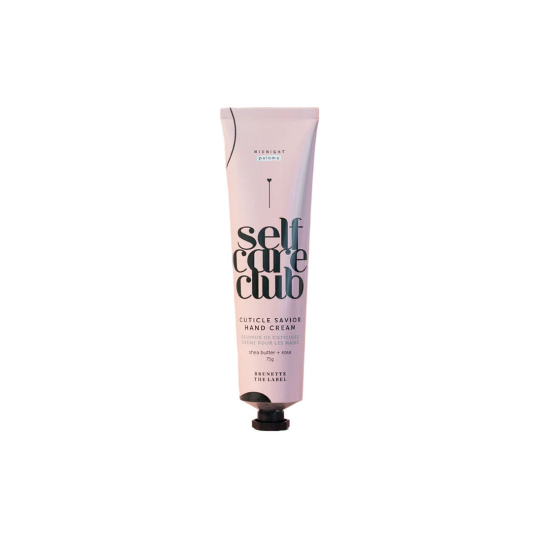 A pink squeeze tube of 'self care club' Cuticle Savior Hand Cream by 'Mistral Paris' on a solid white background.