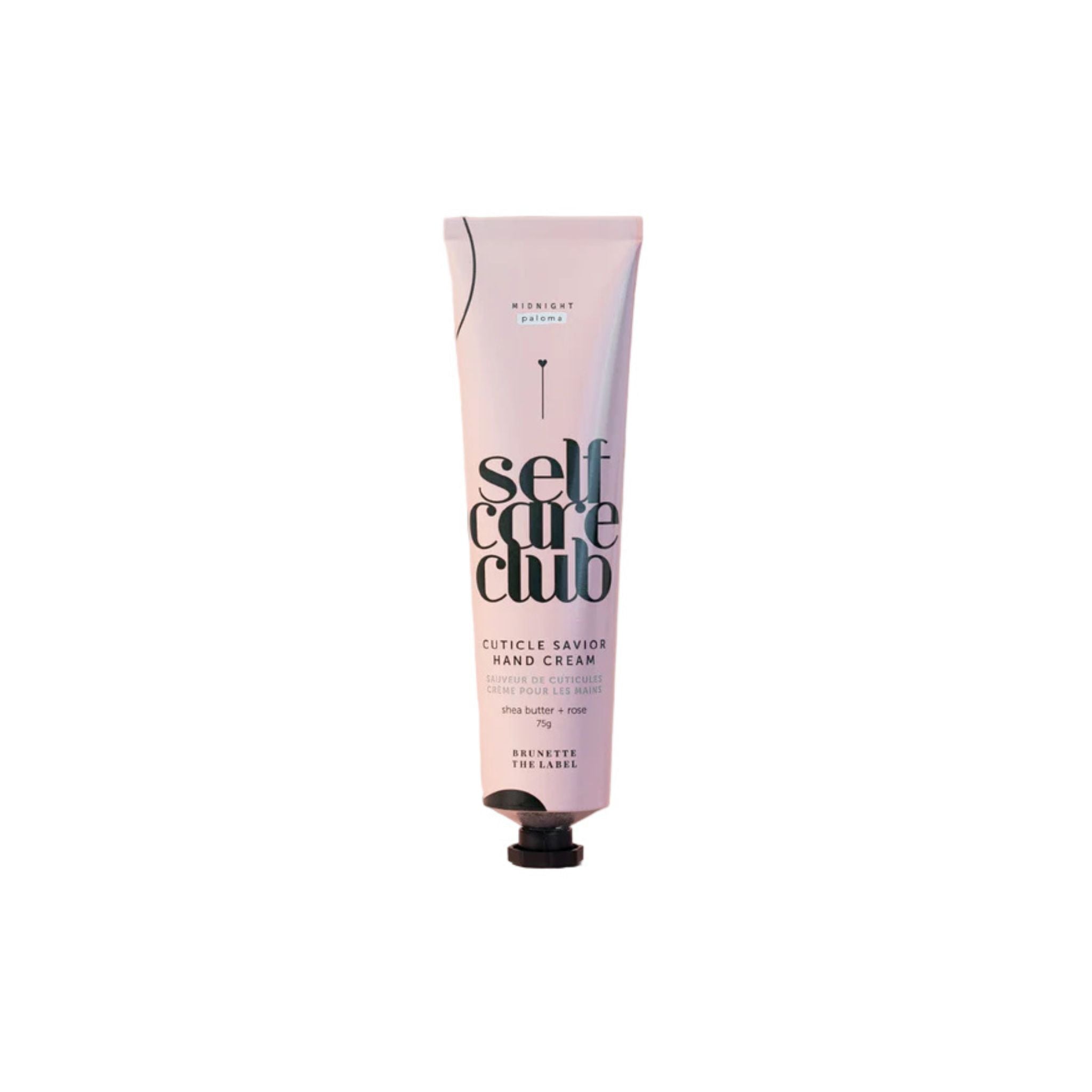 A pink squeeze tube of 'self care club' Cuticle Savior Hand Cream by 'Mistral Paris' on a solid white background.