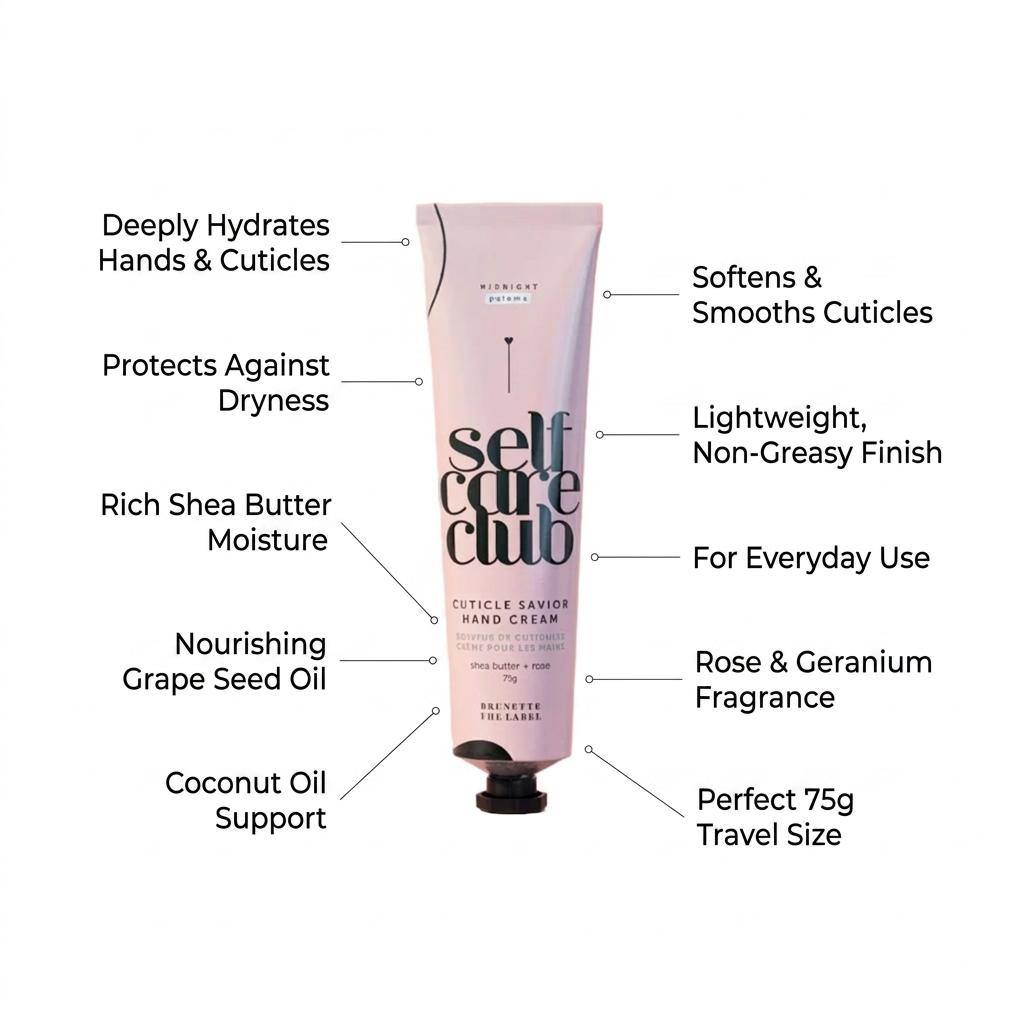 A pink tube of Cuticle Savior Hand Cream by Missoni Paris is centered on a white background with multiple black text callouts pointing to product benefits around it.