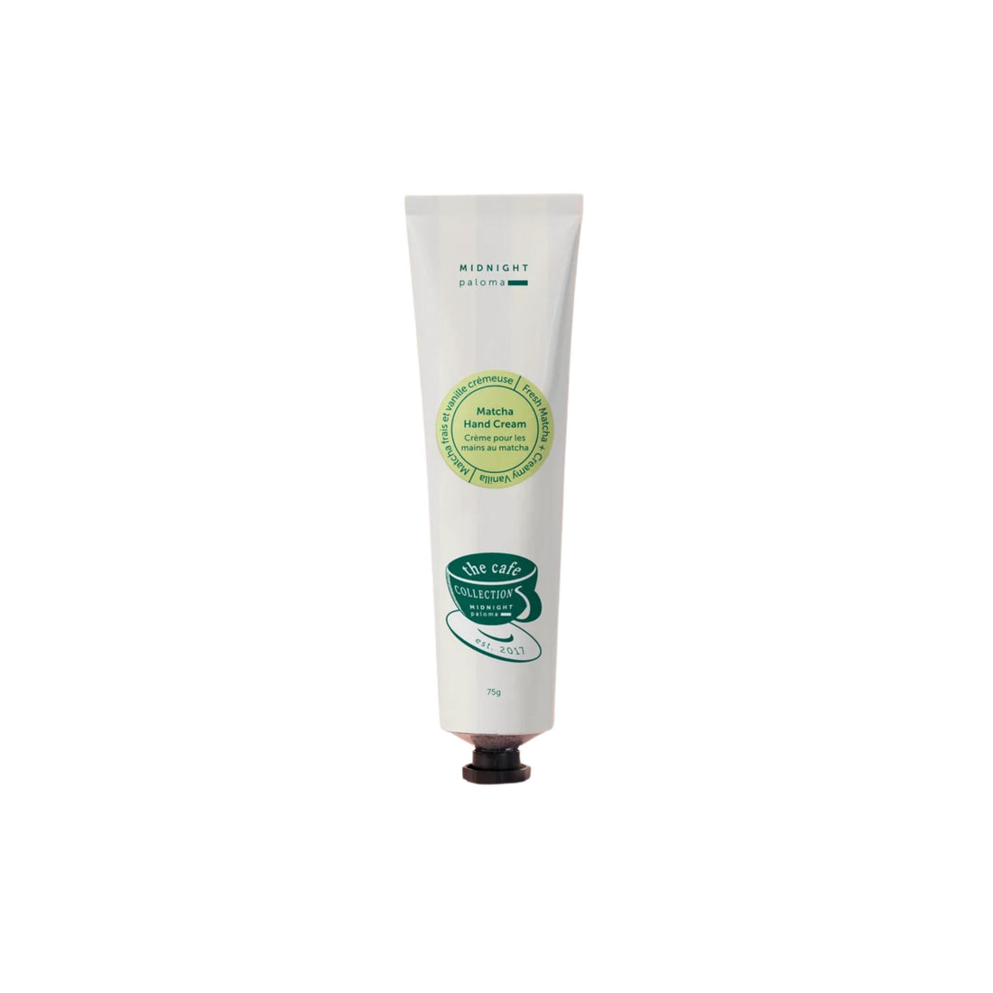A squeeze tube of Midnight Scents Matcha Hand Cream on a solid white background, featuring green and dark green branding and text.