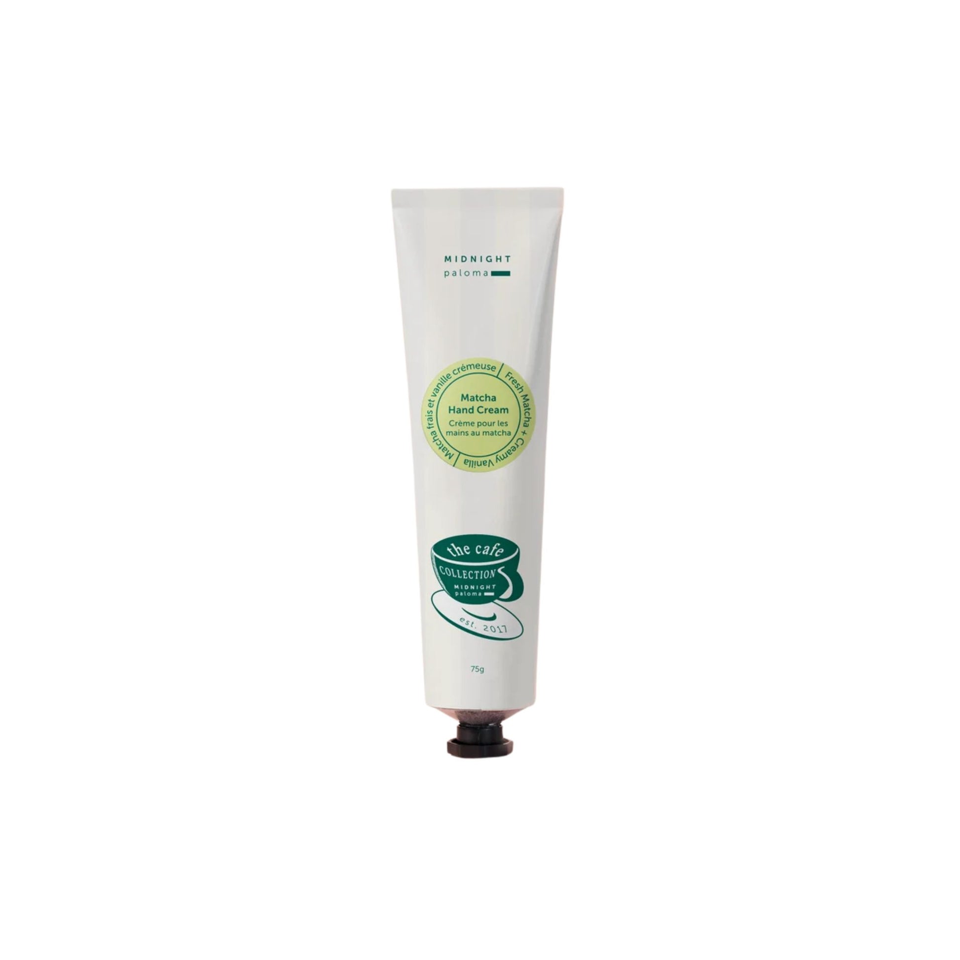 A squeeze tube of Midnight Scents Matcha Hand Cream on a solid white background, featuring green and dark green branding and text.