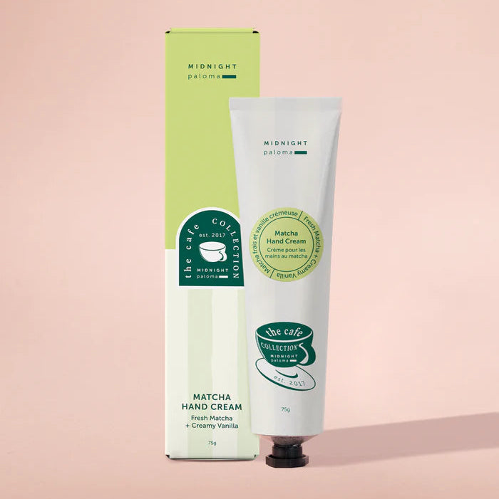 Matcha hand cream with packaging on a pink background