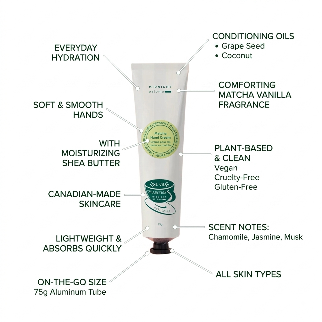 A white skincare hand cream tube labeled 'Midnight Scents' surrounded by callout text labels on a white background, describing product features and scent notes.