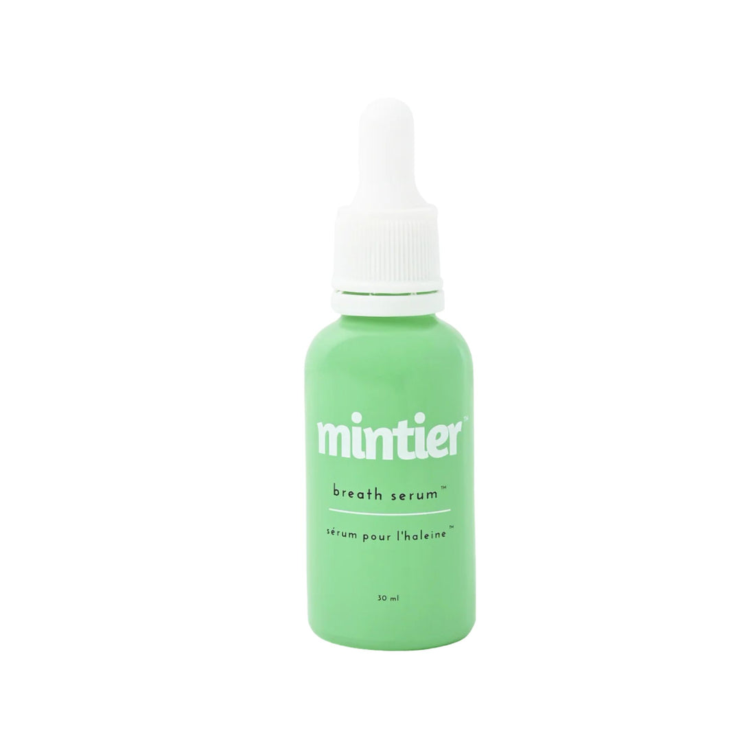Green bottle of Mintier breath serum on a white background