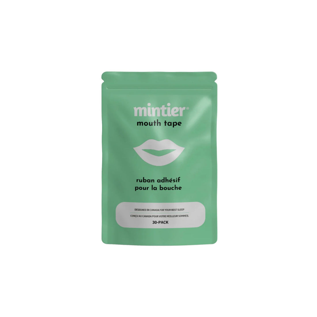 A mint green stand-up pouch of mintier mouth tape, 30-pack, on a solid white background.