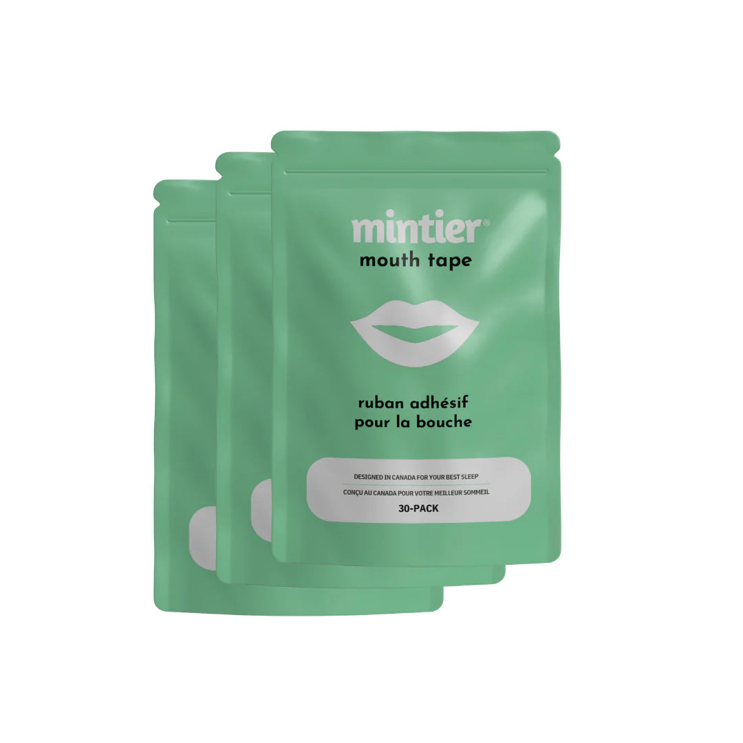 A mint green stand-up pouch of mintier mouth tape, 30-pack, on a solid white background.