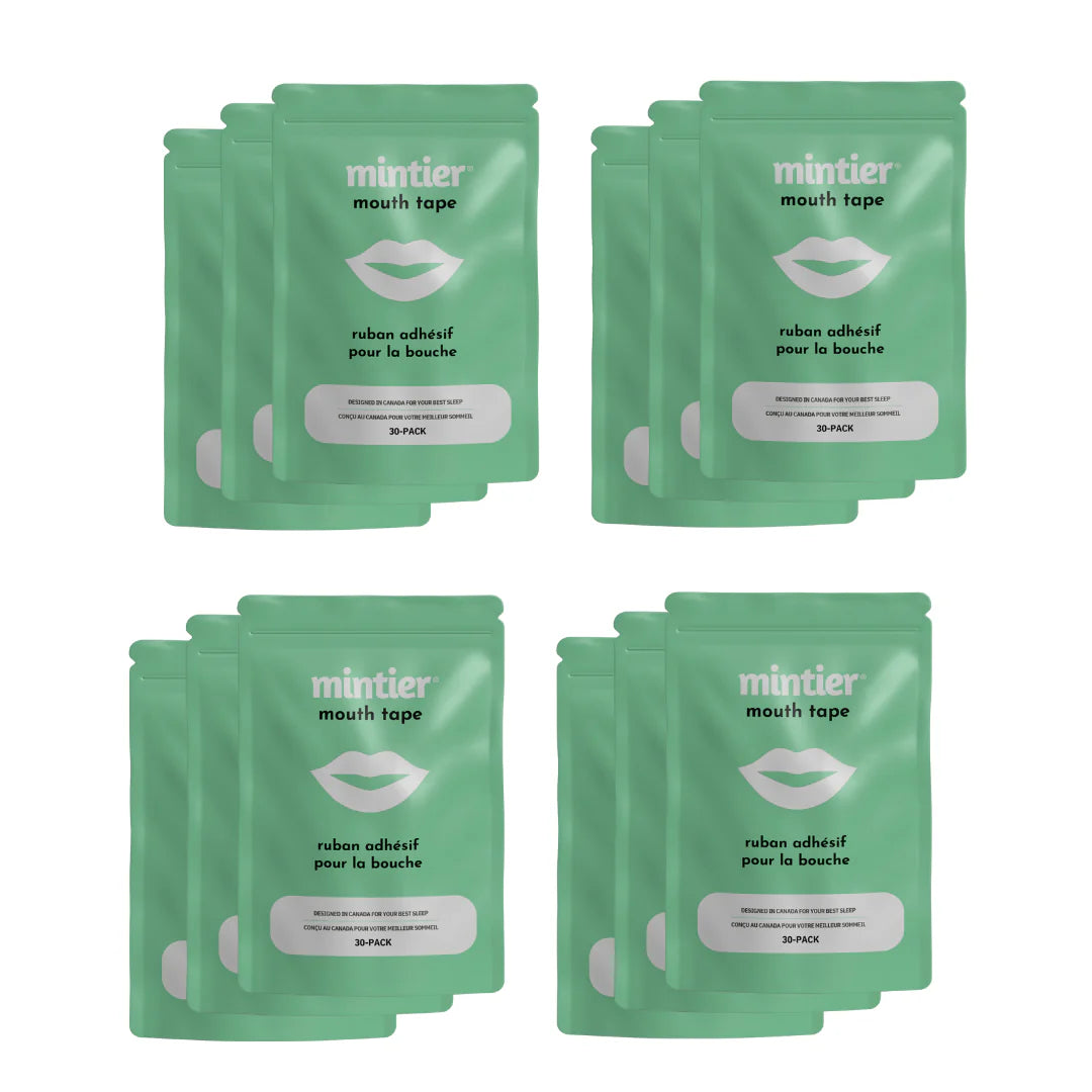 Multiple packages of Mintier mouth tape on a white background