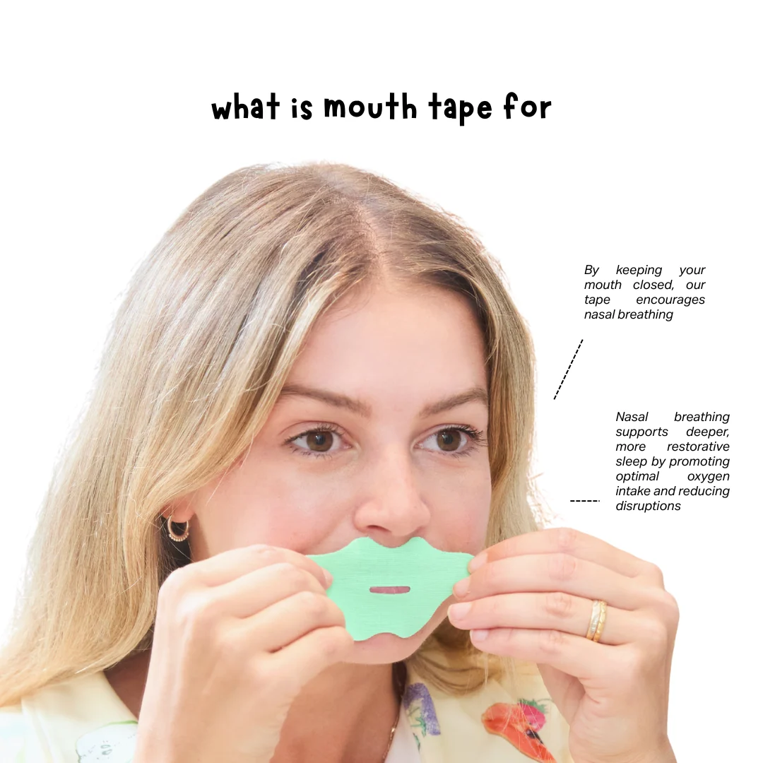Woman holding a green mouth tape with text explaining its use for nasal breathing.