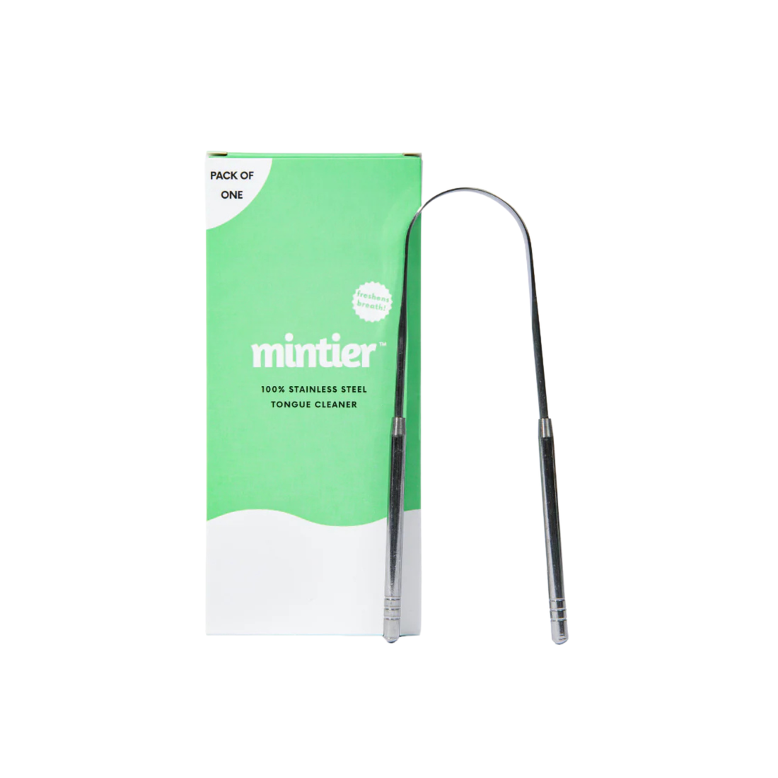 Mintier tongue cleaner with green packaging on a white background