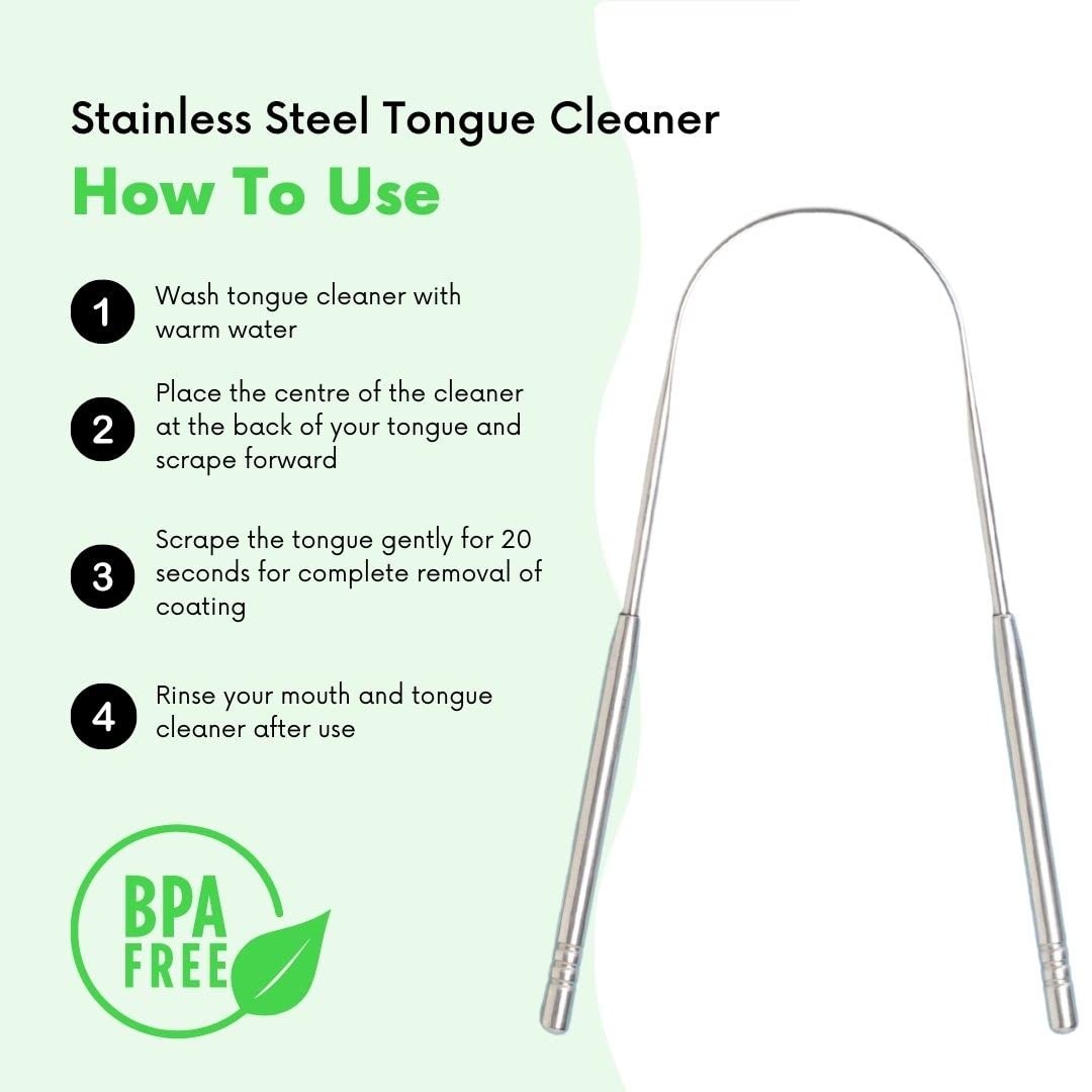 Stainless Steel Tongue Cleaner with usage instructions and BPA-free label on a white background