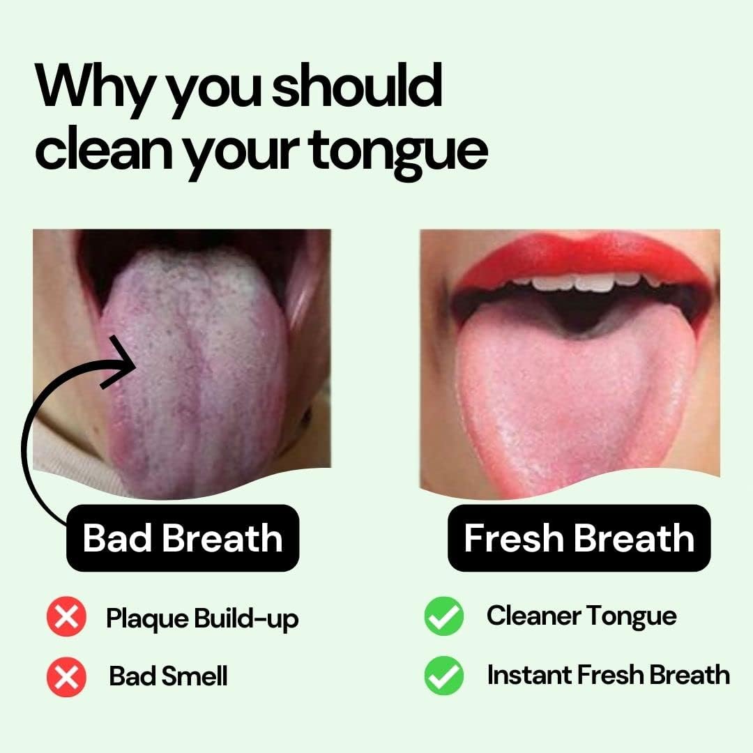 Comparison of a dirty tongue with bad breath and a clean tongue with fresh breath, highlighting the benefits of tongue cleaning.