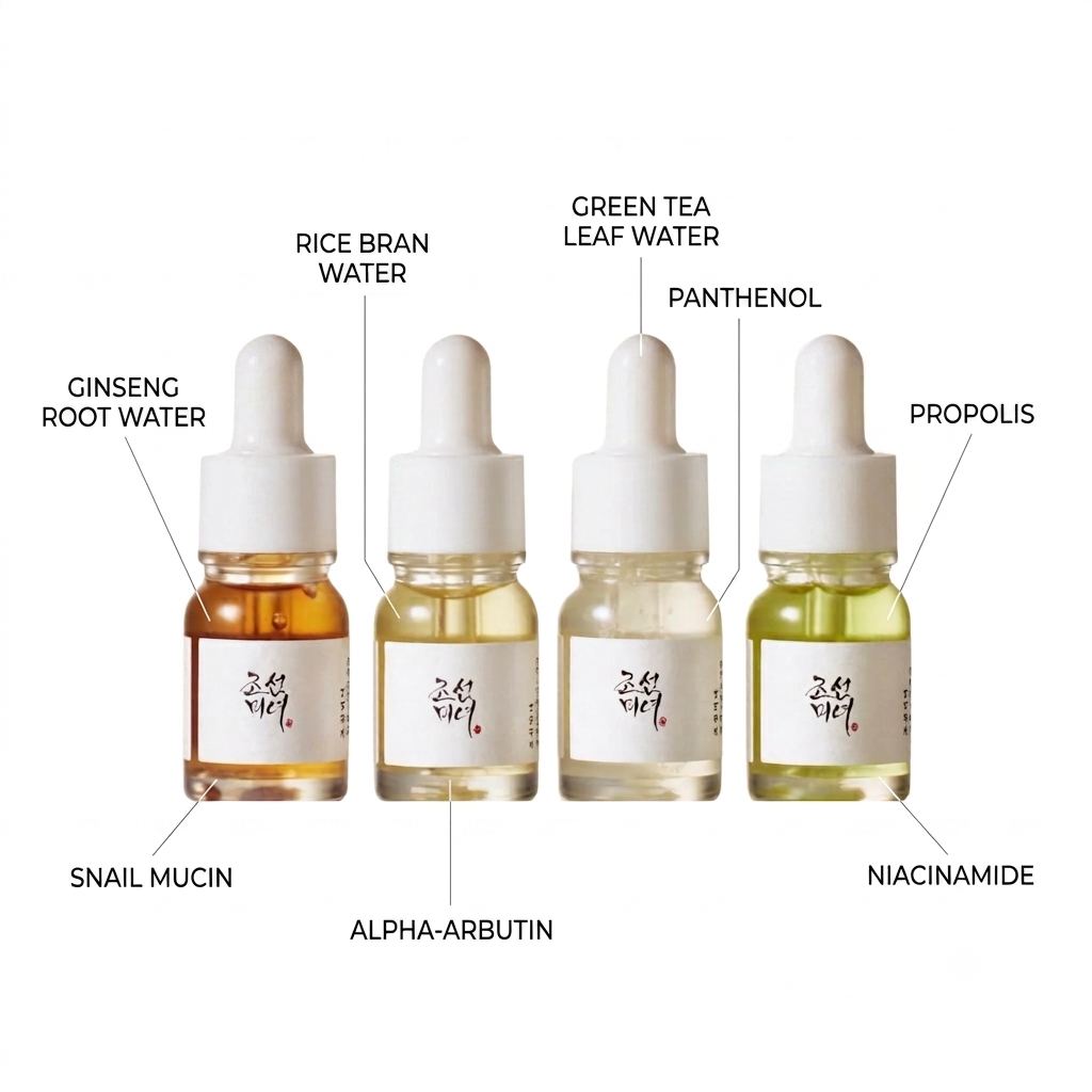Four small dropper bottles with white caps and Korean labels, shown on a white background with callout labels pointing to ingredients such as ginseng root water, rice bran water, green tea leaf water, panthenol, propolis, snail mucin, alpha-arbutin, and niacinamide.