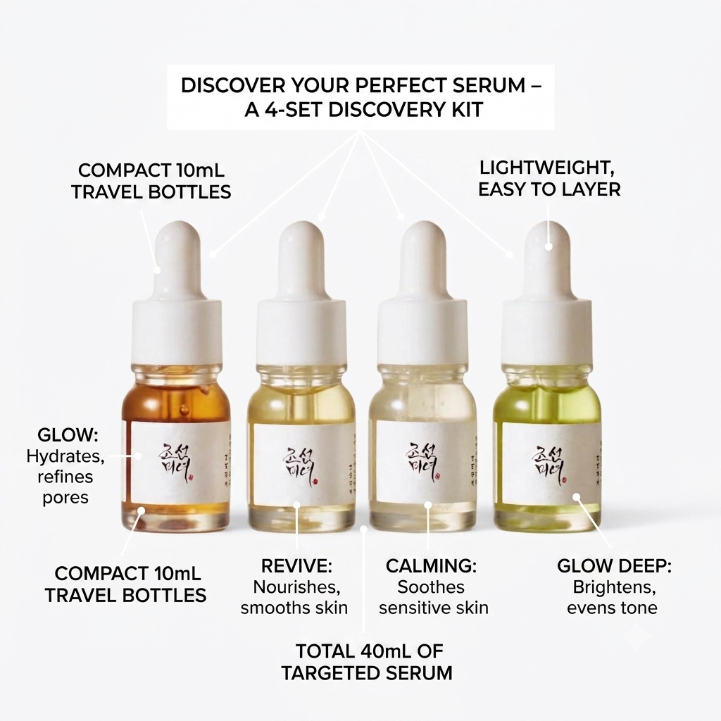 Four small serum travel bottles arranged in a row on a light gray background, with explanatory text above and below. The bottles have white dropper caps and white labels with Korean text and small red script logos.