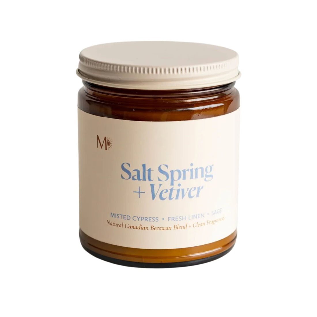 Jar of candle labeled 'Salt Spring + Vetiver' on a white background