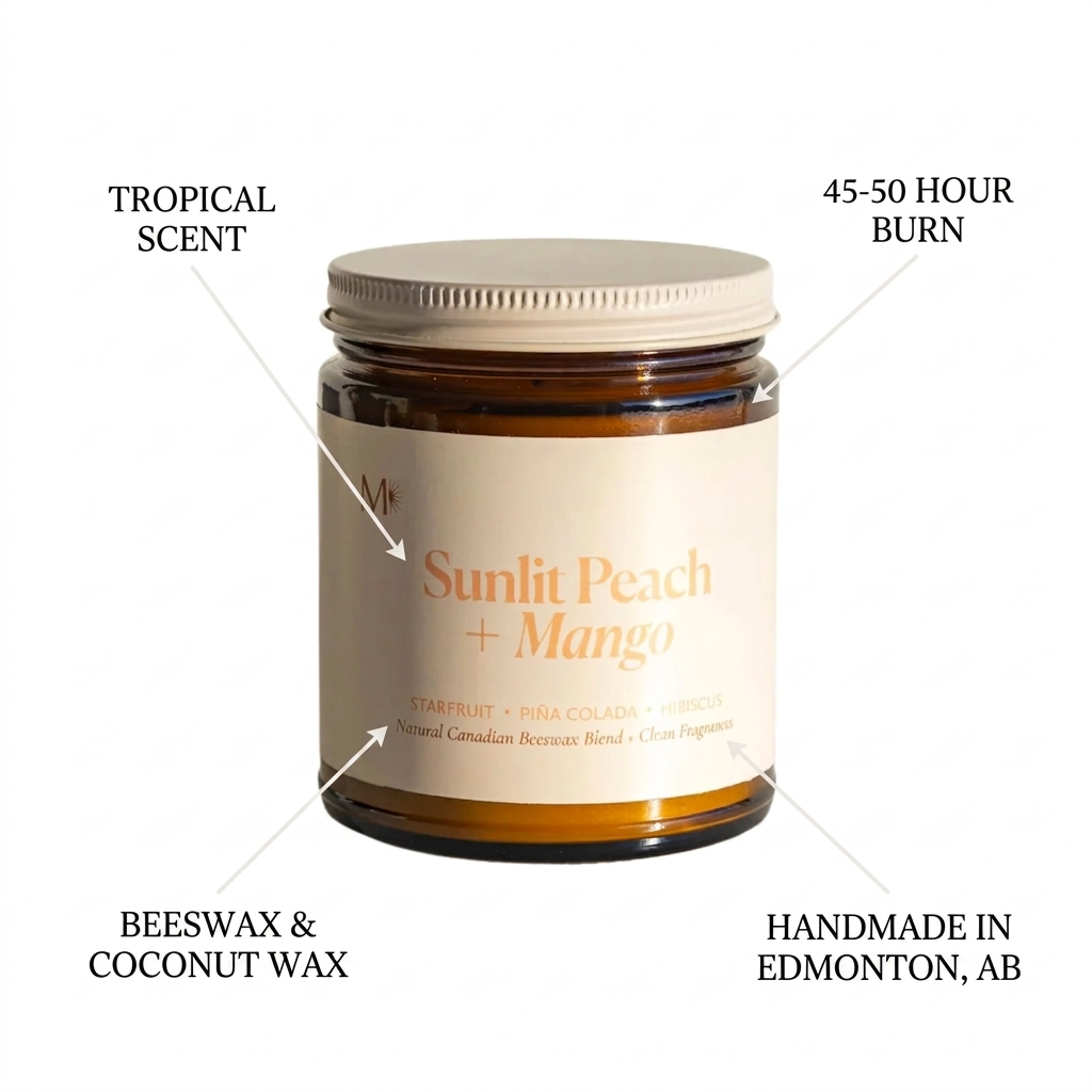 Candle jar with label detailing scent, burn time, wax type, and origin on a white background