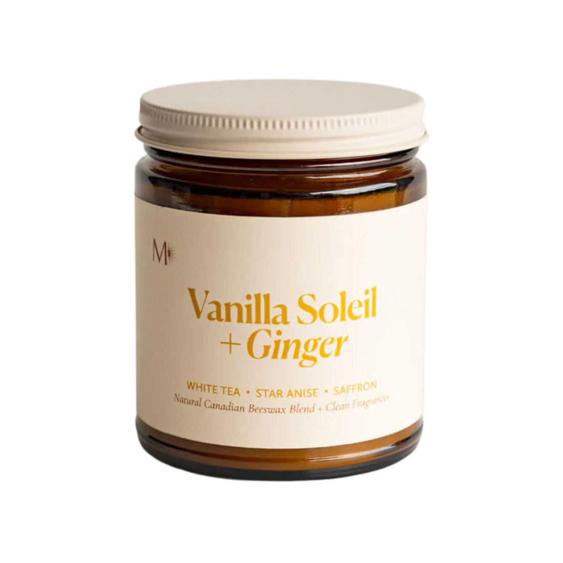 Jar of Vanilla Soleil + Ginger with a white label on a white background