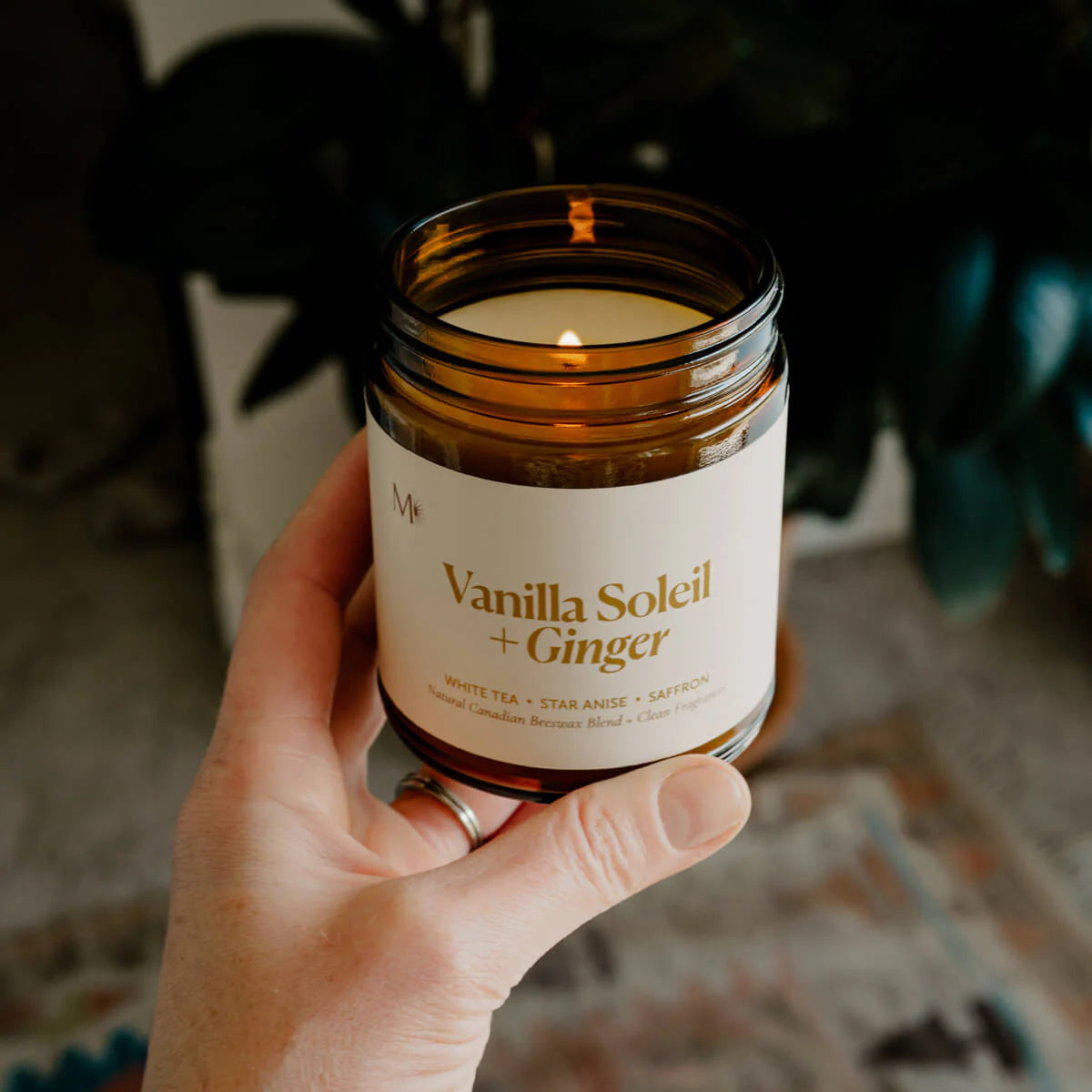 Hand holding a 'Vanilla Soleil + Ginger' candle in an amber jar.