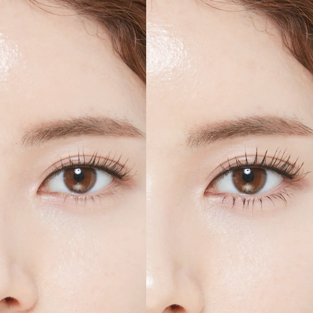 Side-by-side comparison of a person's eye with and without makeup