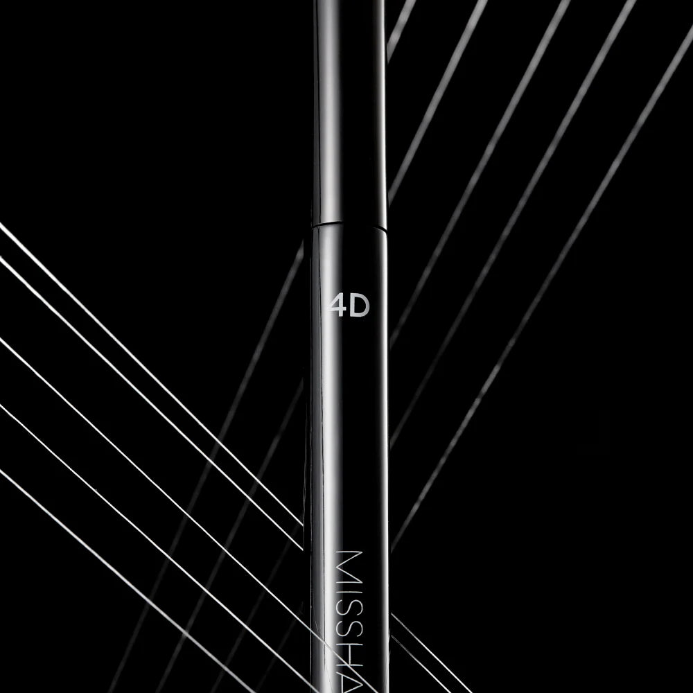 Black cosmetic pencil with '4D' and 'Missha' branding on a black background