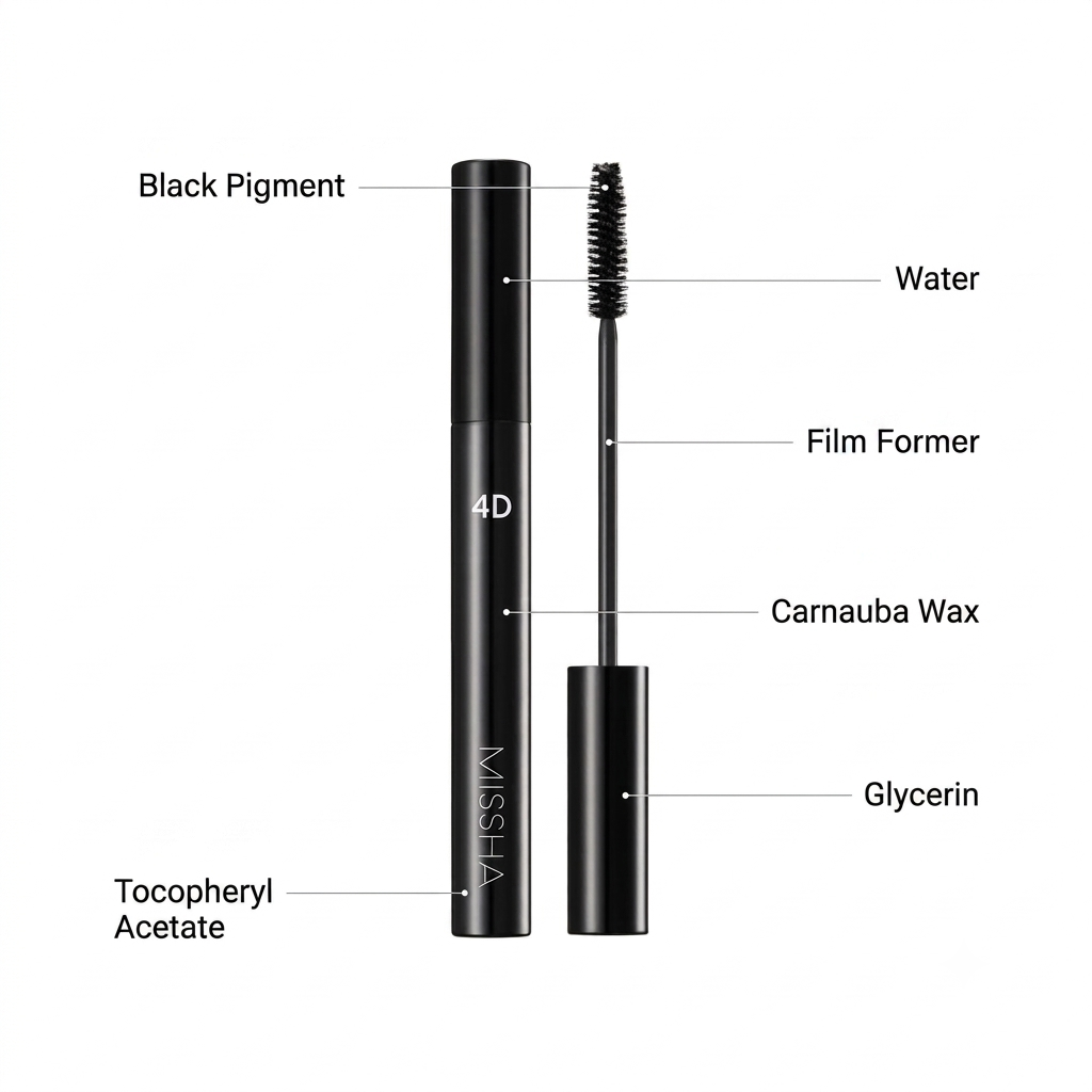 A cosmetic tube and wand shown on a white background with callout labels naming components such as Black Pigment, Water, Film Former, Carnauba Wax, Glycerin, and Tocopheryl Acetate. The tube also shows the brand name MISSHA and shade number 4D.