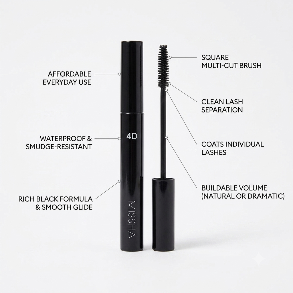 Missha 4D Black Volumizing Mascara shown with its applicator wand and cap on a light gray background, surrounded by callout lines and text describing product features such as waterproof formula, square multi-cut brush, and individual lash coating.