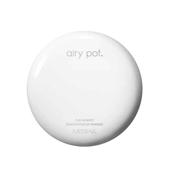 White powder compact with 'airy pot' text on a white background