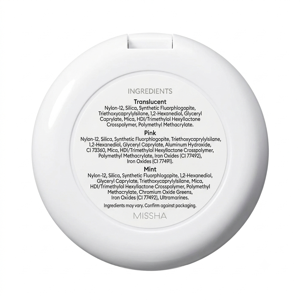 A round white compact lid showing the ingredients list for Missha Translucent Pink powder, photographed on a clean white background.