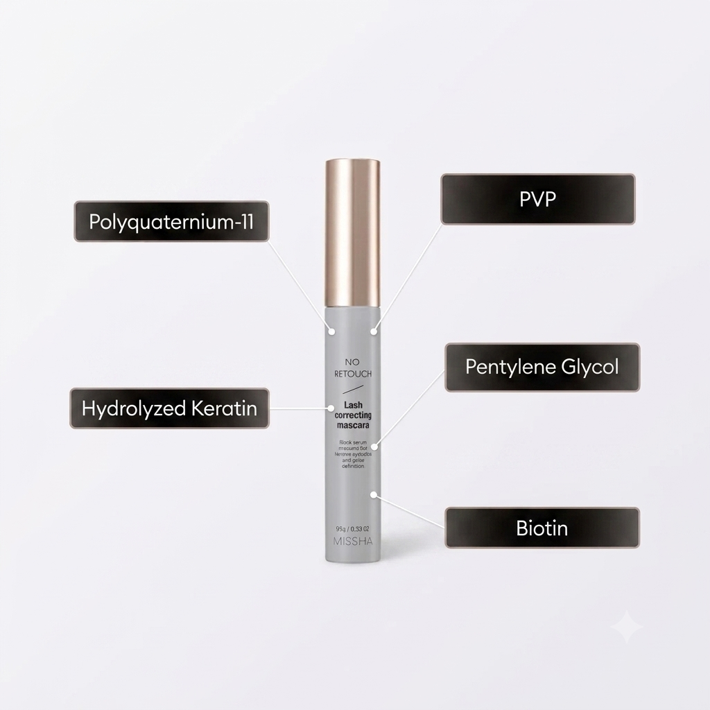 A single cosmetic tube labeled 'NO TOUCH Lash correcting mascara' is centered on a light gray background, with five dark text callouts around it reading 'Polyquaternium-11', 'PVP', 'Hydrolyzed Keratin', 'Pentylene Glycol', and 'Biotin'.