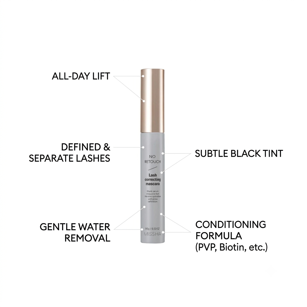 A single cosmetic bottle centered on a white background with callout lines and text describing lash care benefits: all-day lift, defined and separate lashes, subtle black tint, gentle water removal, and conditioning formula.