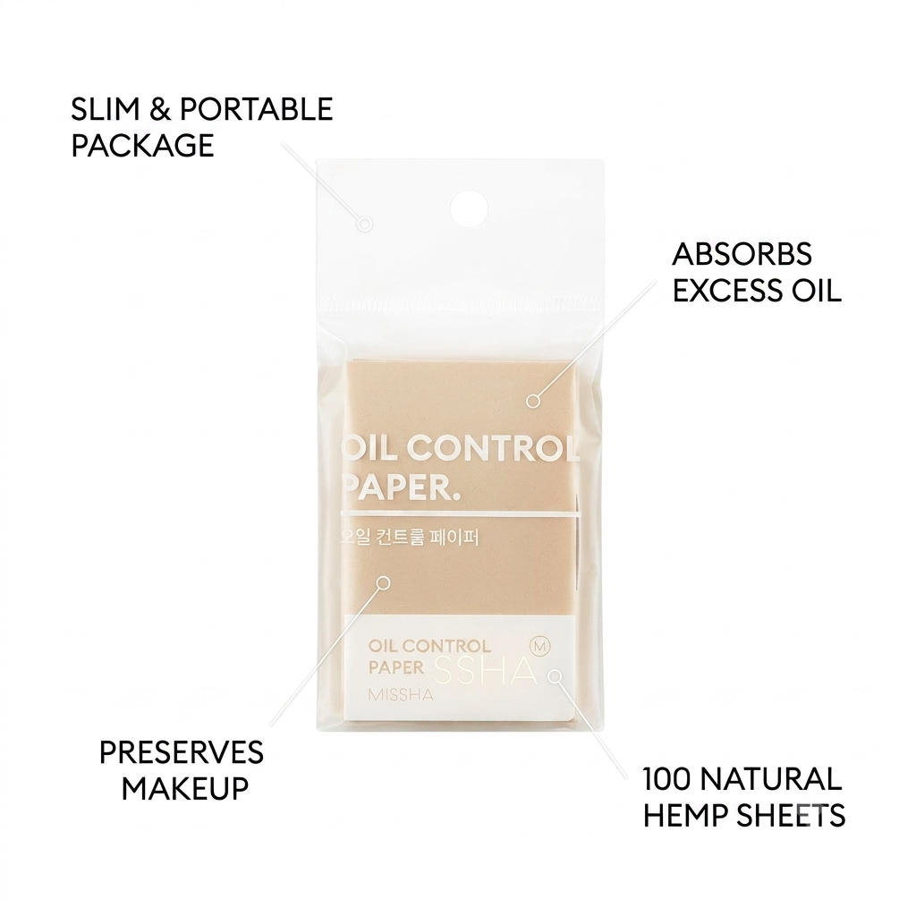Missha Oil Control Paper makeup remover in a clear plastic pouch with beige and white paper sheets inside, surrounded by callout text on a white background.