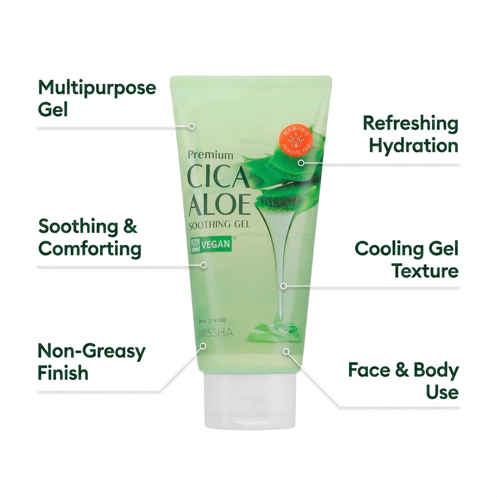 A squeeze tube of Missha Cica Aloe Soothing Gel centered on a white background, surrounded by callout lines and text describing product benefits such as multipurpose gel, soothing and comforting, cooling gel texture, and face and body use.