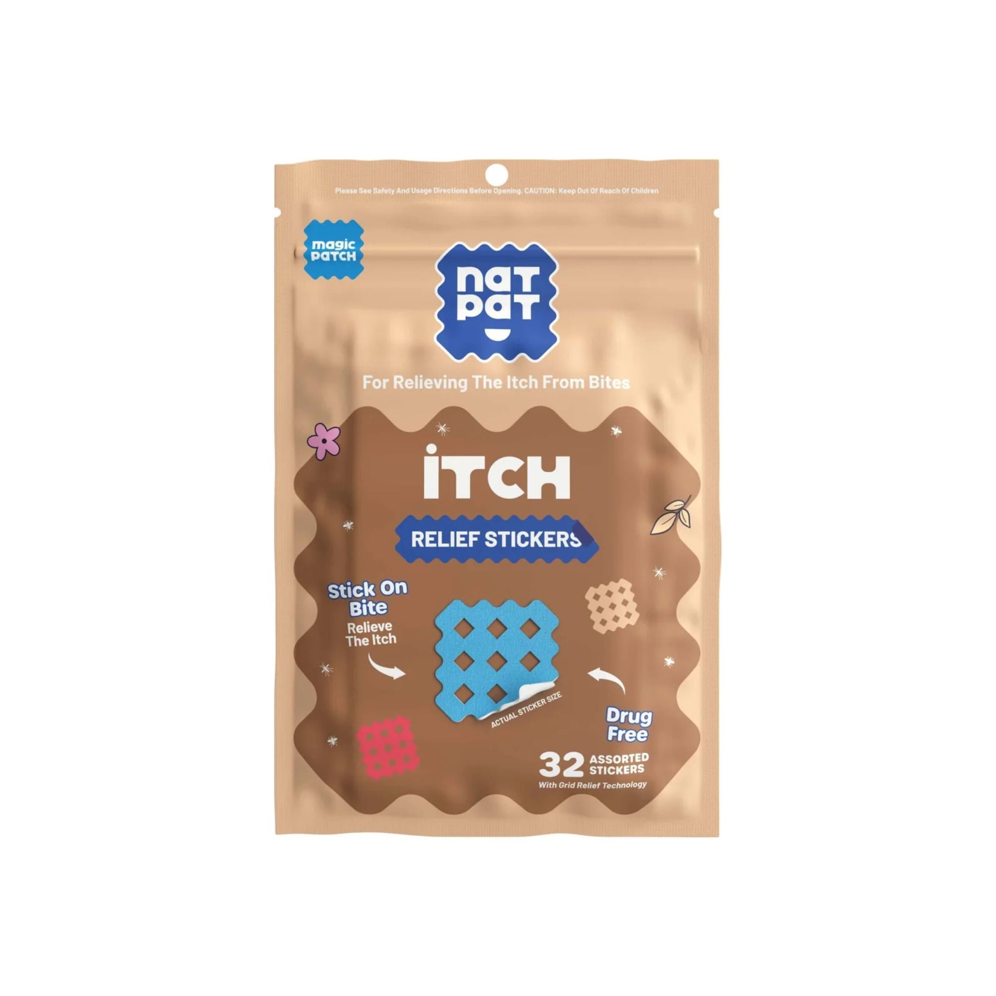 Package of Nat Pat Itch Relief Stickers on a white background