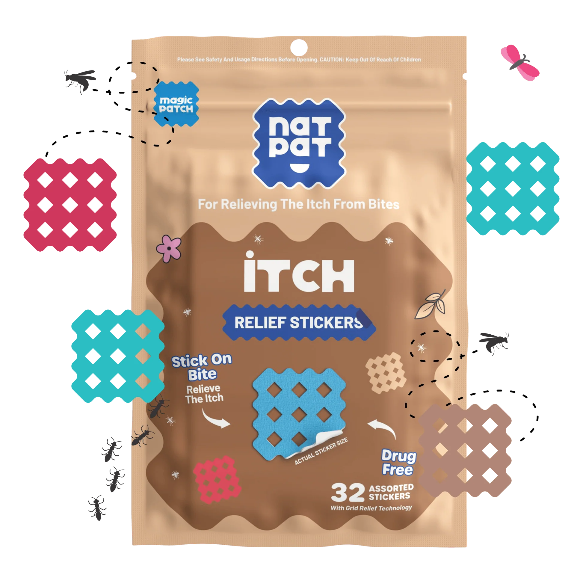 Package of Nat Pat Itch Relief Stickers on a white background