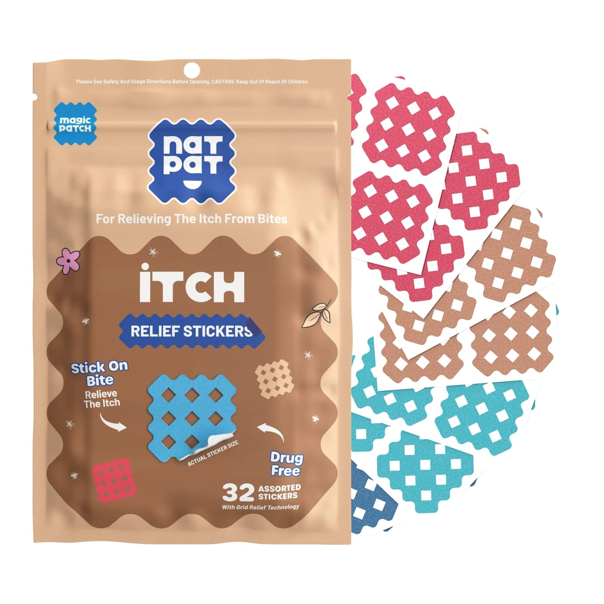 Nat Pat Itch Relief Stickers packaging with stick-on stickers on a white background