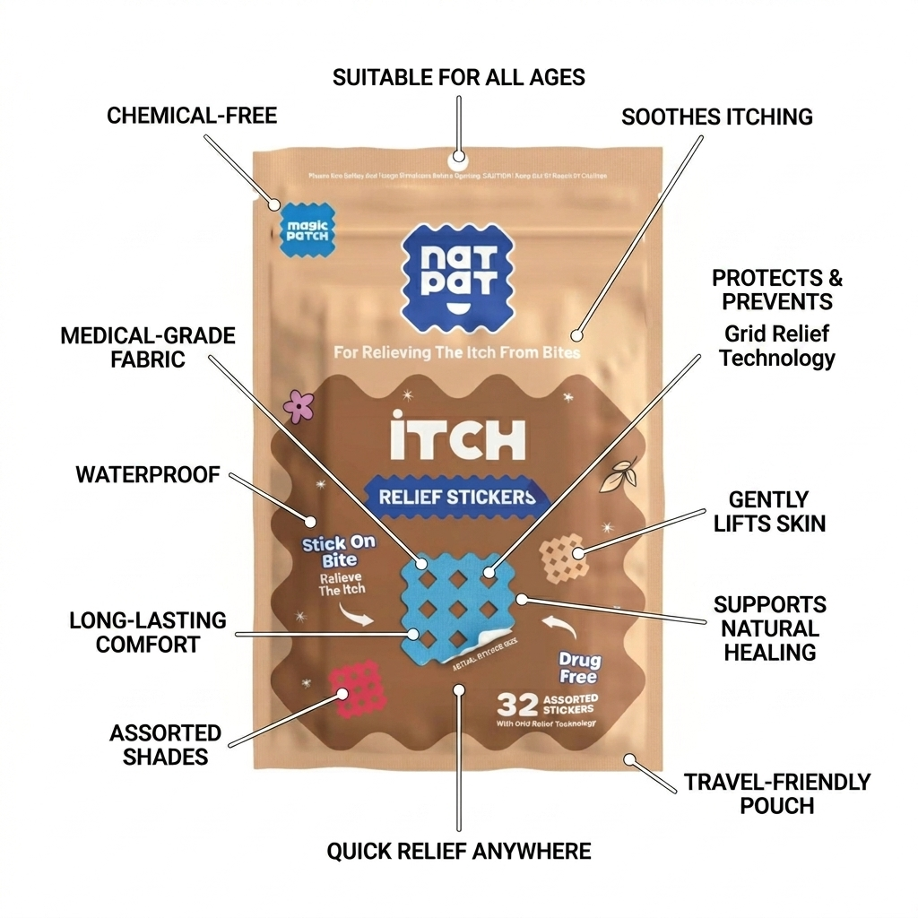 NAT-PAT ITCH Relief Stickers packaging with features listed on a white background
