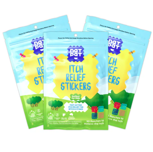 Three packages of Dot Dot Itch Relief Stickers on a white background