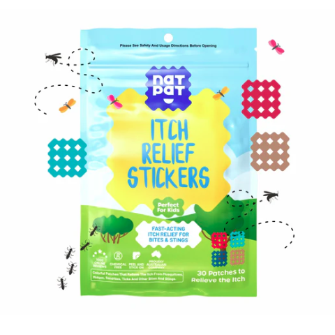 Package of itch relief patches with a blue and green design on a white background