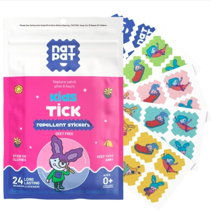 Packaging of Nat Pat kids tick repellent stickers with colorful designs on a white background