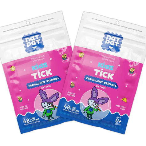 Two packages of Kids Tick repellent stickers with pink and blue design on a white background.