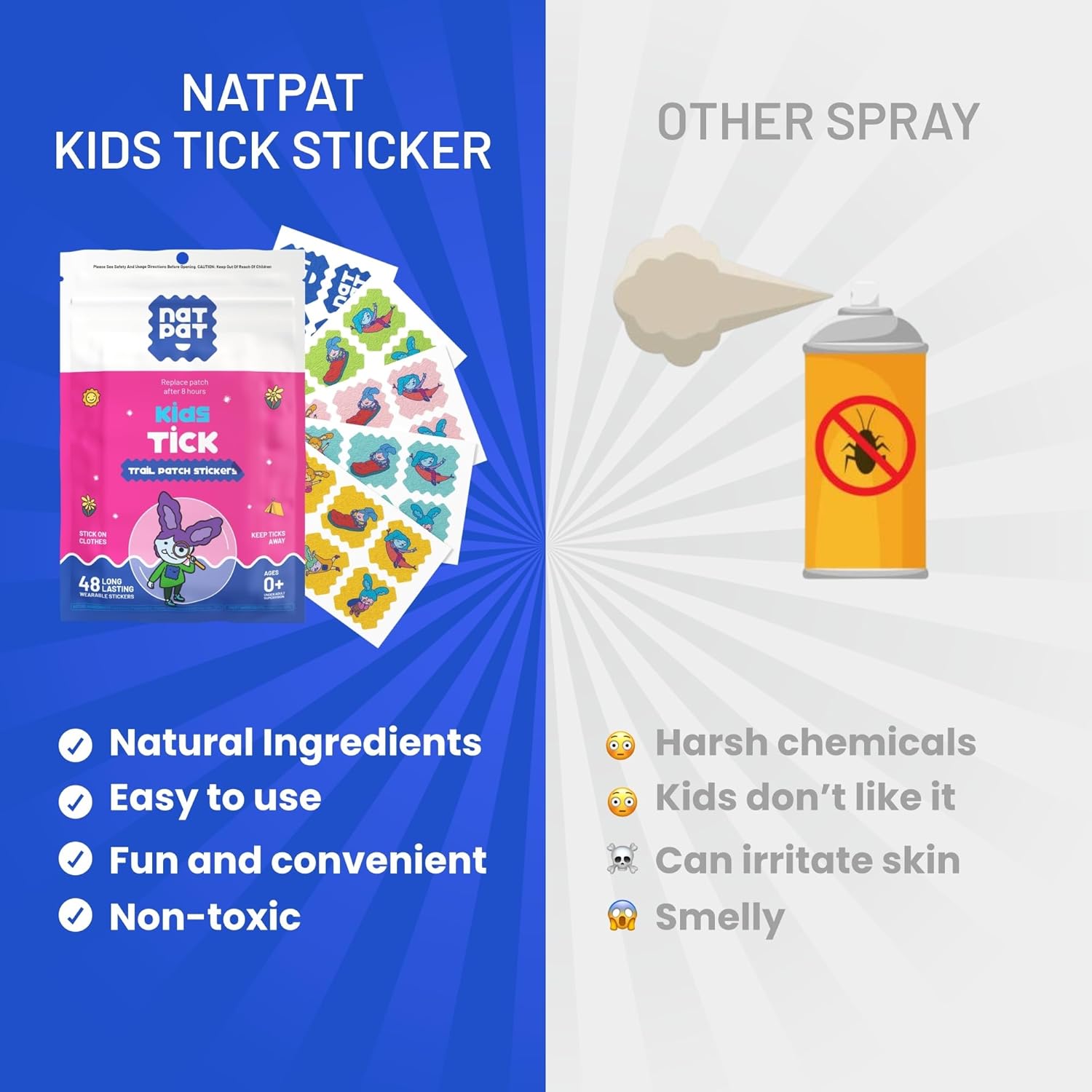 Comparison of NATPAT Kids Tick Sticker with other spray products on a blue and white background.