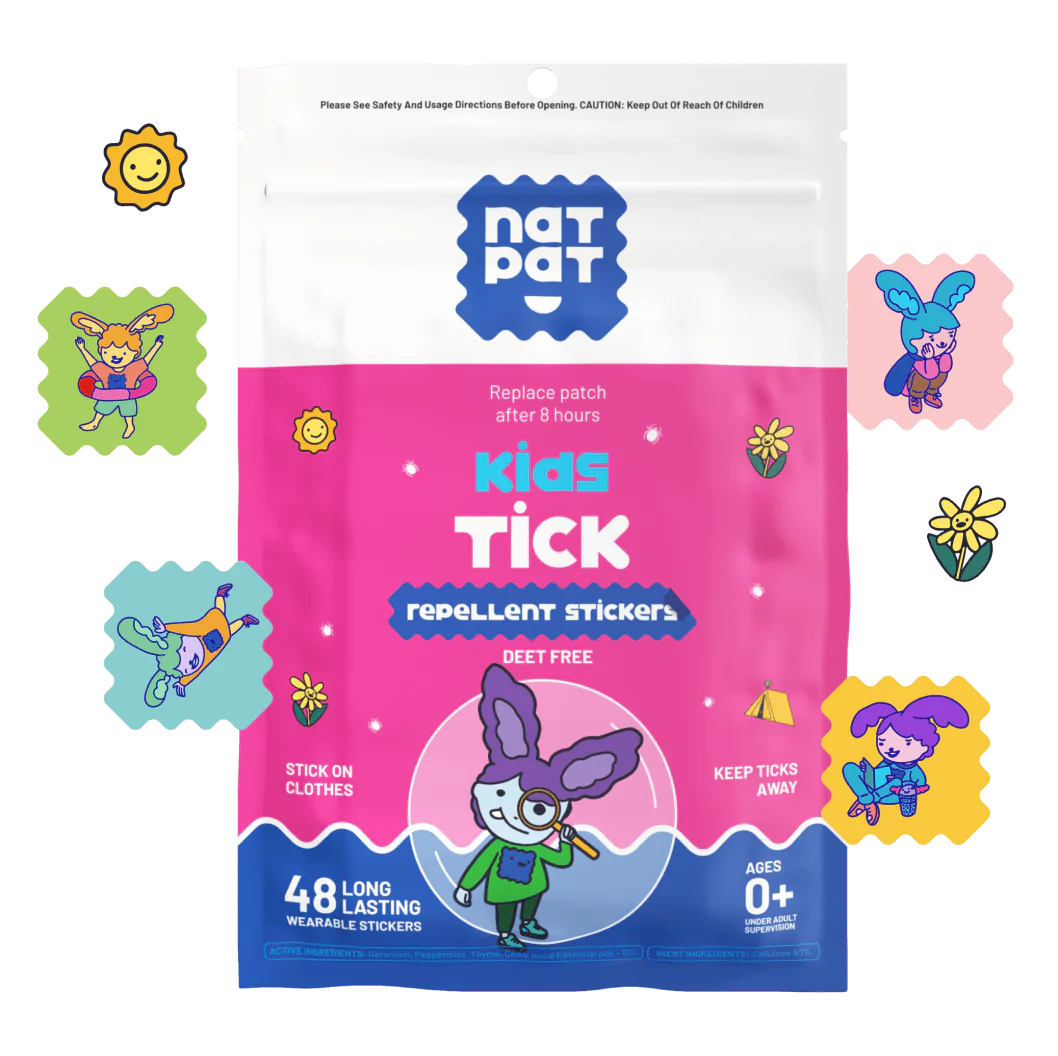 Packaging of Nat Pat Kids Tick Repellent Stickers with colorful design and branding.