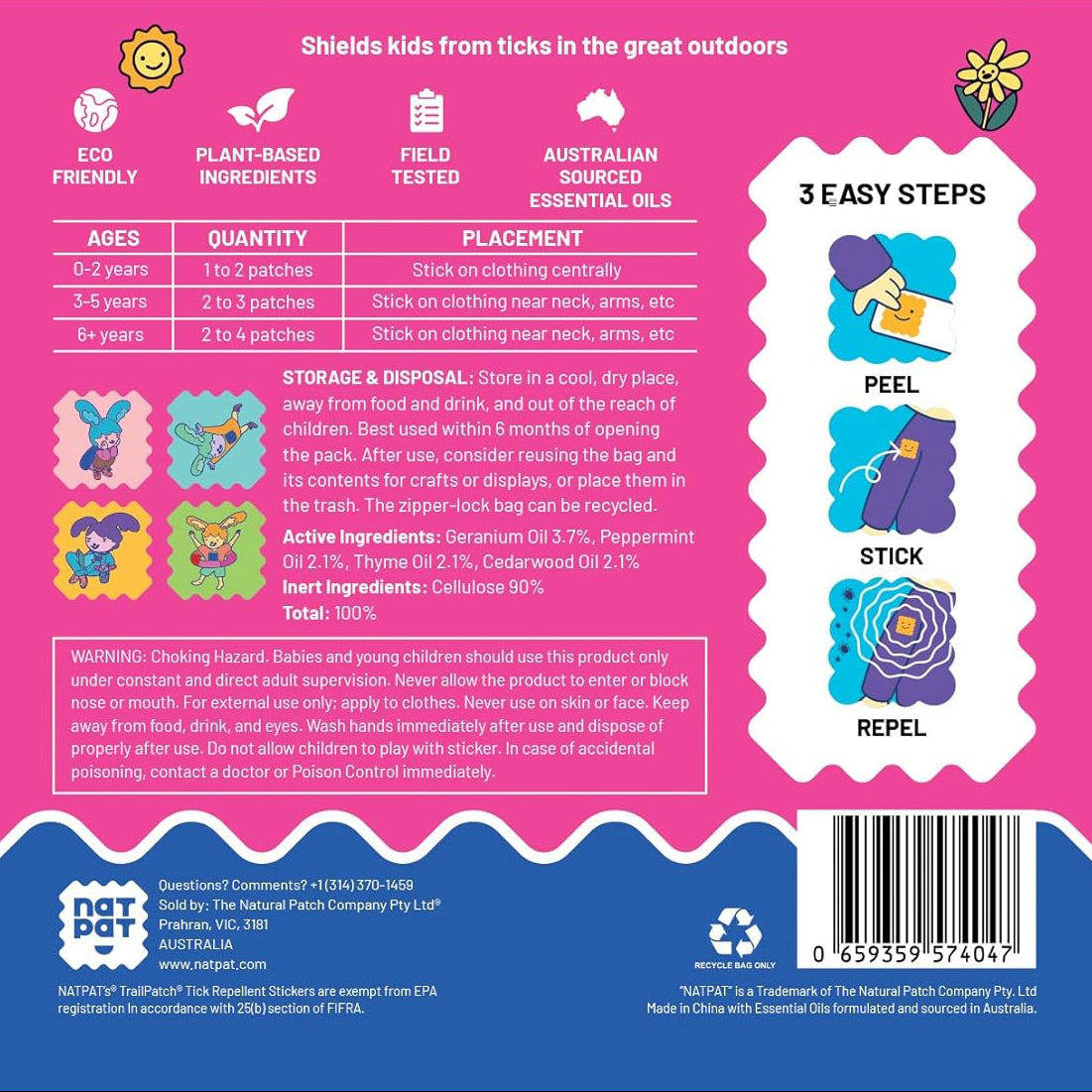 Back of a product packaging with text, icons, and a barcode on a pink and blue background.