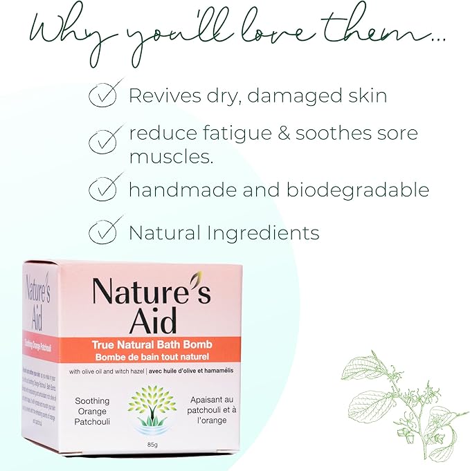 Nature's Aid bath bomb packaging with text highlighting benefits on a white background