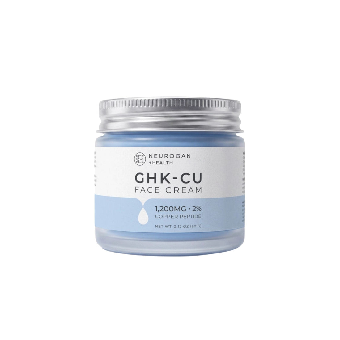 A jar of Neurogan + Health GHK-CU Face Cream with a light blue cream visible through the clear container, a white and light blue label, and a silver metal screw lid, set against a plain white background.