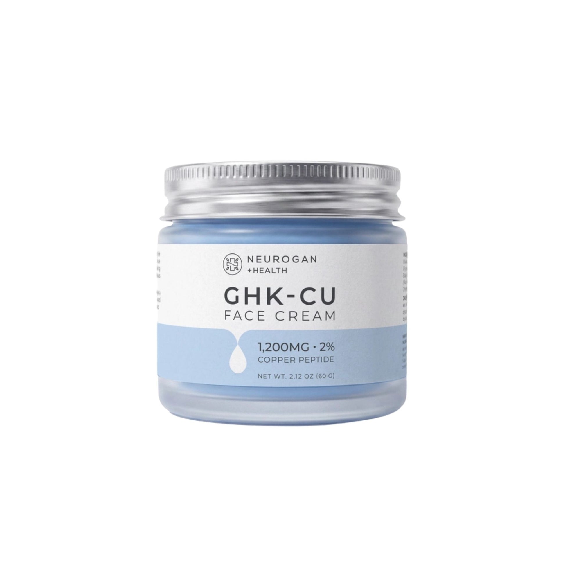 A jar of Neurogan + Health GHK-CU Face Cream with a light blue cream visible through the clear container, a white and light blue label, and a silver metal screw lid, set against a plain white background.