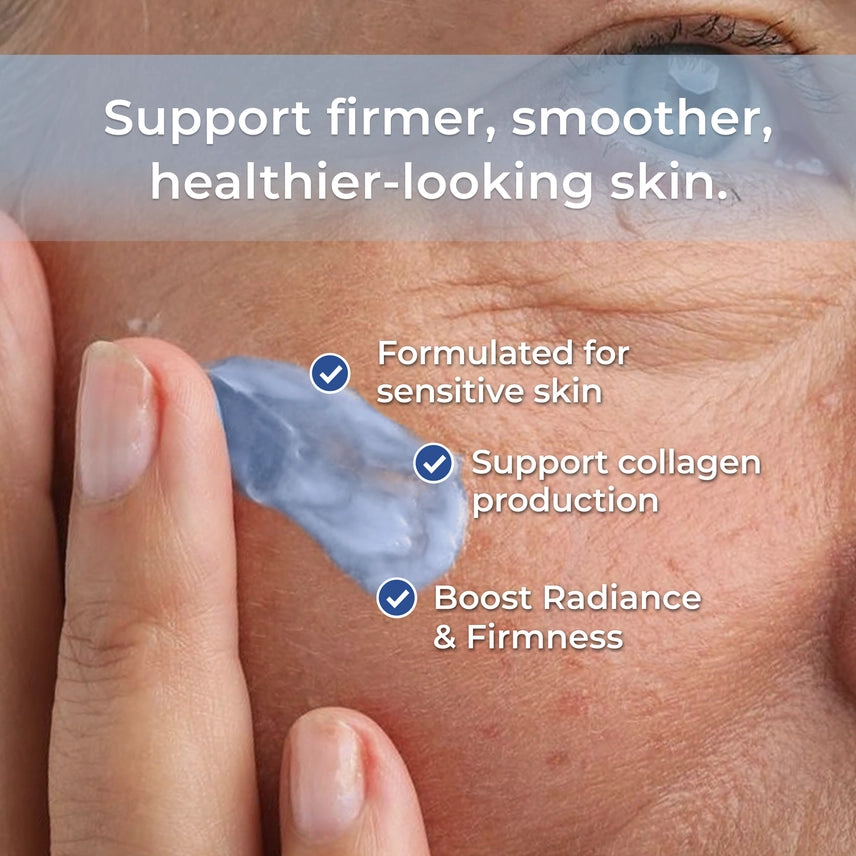 Close-up of a person's face with a blue-gray skincare cream being spread onto the cheek. White text at the top reads 'Support firmer, smoother, healthier-looking skin.