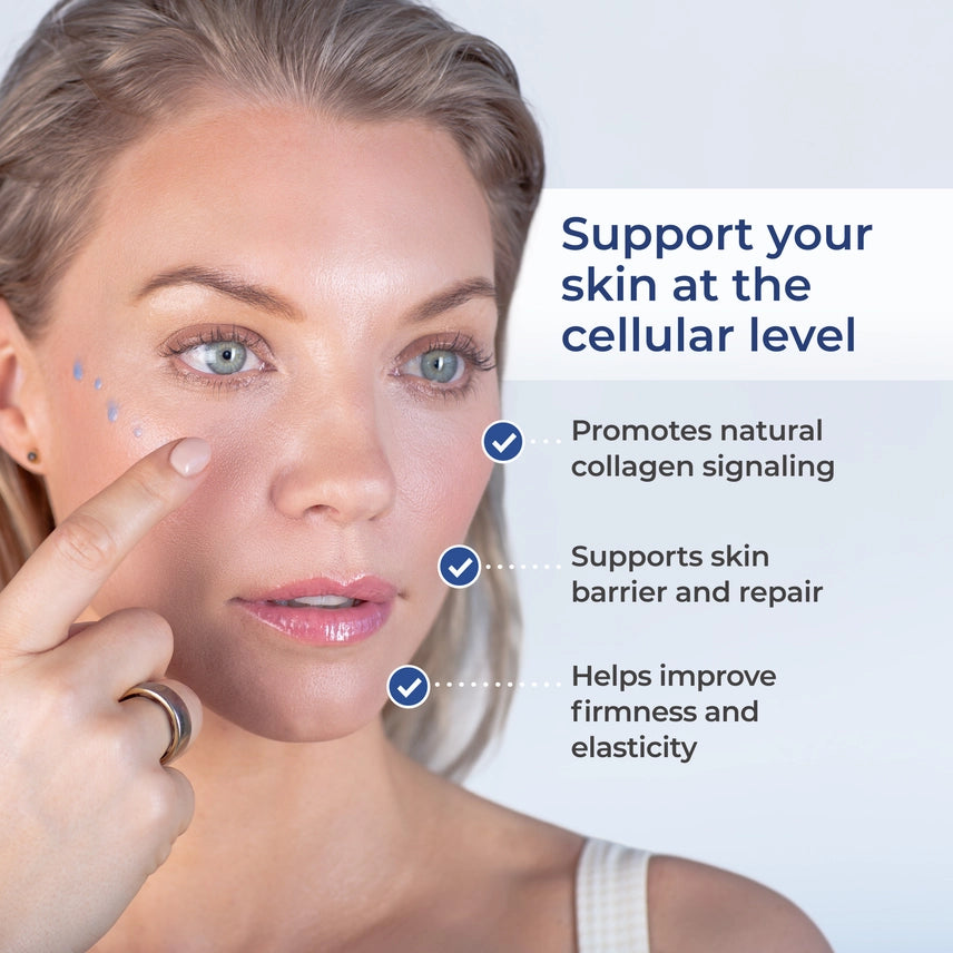 A close-up of a woman's face with skincare dots on her cheek and text listing benefits: promotes natural collagen signaling, supports skin barrier and repair, and helps improve firmness and elasticity.