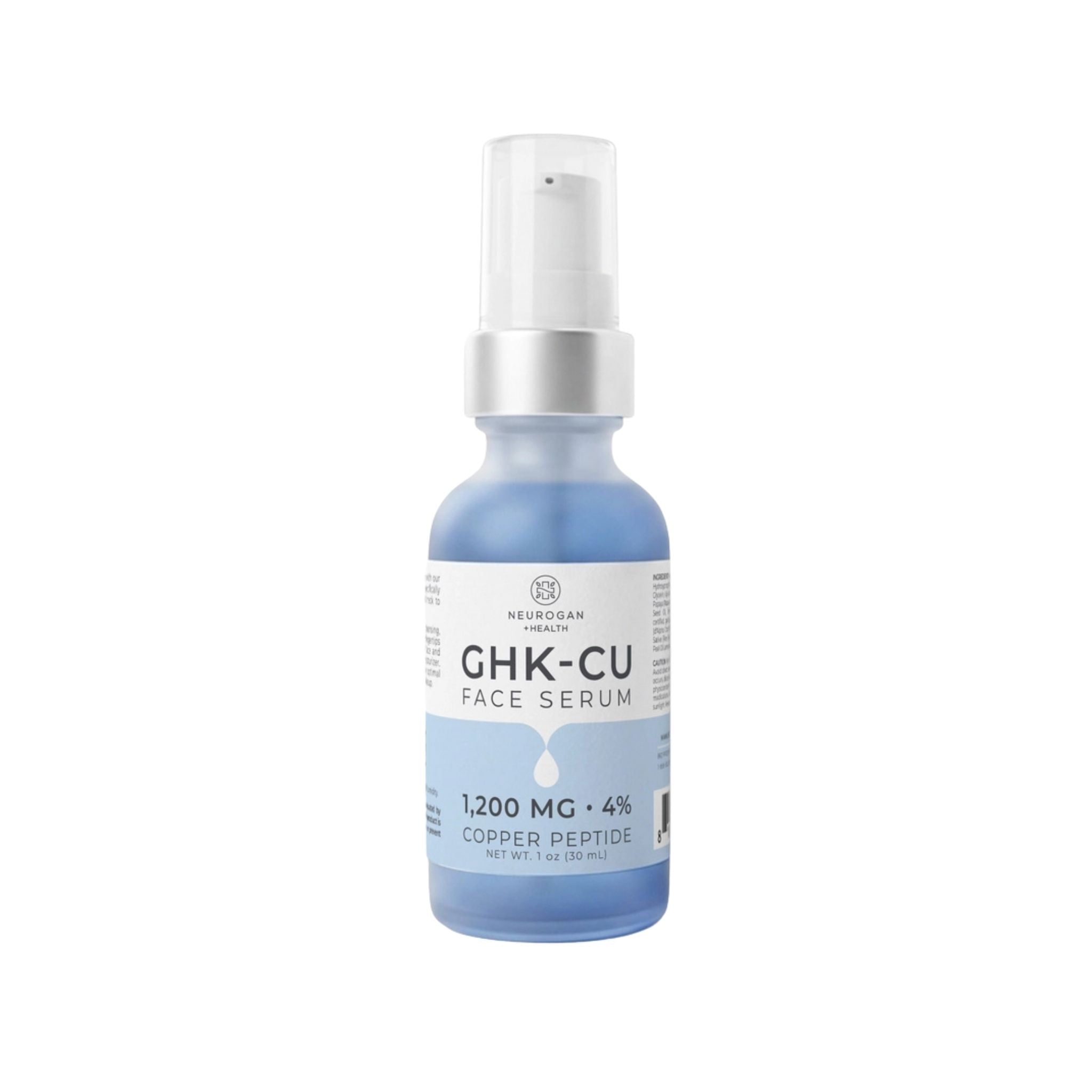 A 1 fl oz bottle of Neurocan London GHK-CU Face Serum, featuring a light blue liquid inside a frosted glass bottle with a white spray pump and a white label.