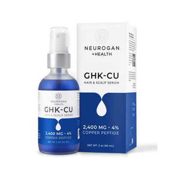 Neurogan Health GHK-CU Hair & Scalp Serum bottle next to its retail box, featuring a blue and white color scheme on a clean white background.